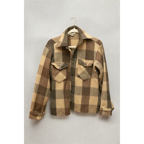 Woolrich Wool Shirt Jacket M — Big Check Plaid Workwear Overshirt (Tan/Brown) - Picture 2 of 4